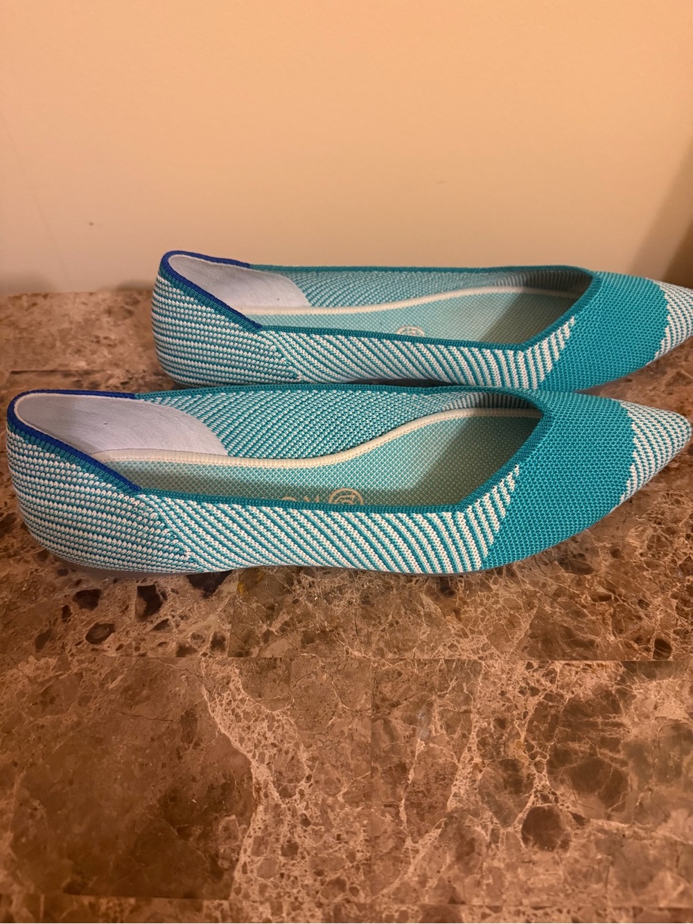 Rothy's Teal and White Pointed navy trim Knit Flats - Picture 4 of 5
